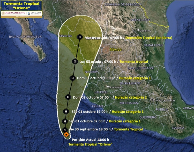 Amanecerá “Orlene” el sábado convertido en huracán categoría 1