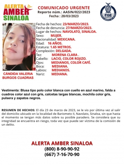Alerta Amber para localizar a la jovencita Cándida Valeria Burgos Cuadras