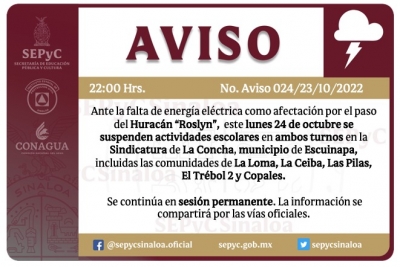 &quot;Roslyn&quot; deja sin luz a gran parte del municipio de Escuinapa y SEPyC suspende clases
