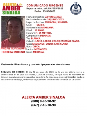 Fiscalía Sinaloa solicita la colaboración ciudadana para localizar a Avigail Guadalupe Herrera Moreno