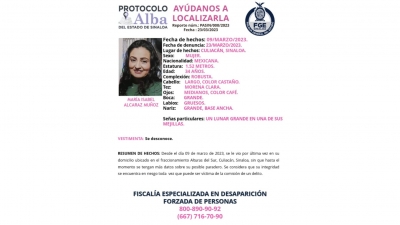 Activan Protocolo Alba para la localización de María Isabel de 34 años de edad, que fue vista por última vez en fraccionamiento de Culiacán