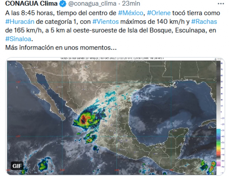 “Orlene” tocó tierra a las 7:45 horas en Escuinapa, Sinaloa esta mañana