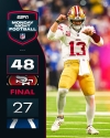 El quarterback Brock Purdy de los 49ers, lanza cinco pases de anotaci&oacute;n en la victoria ante Indian&aacute;polis