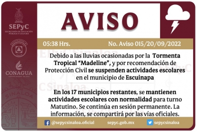 Por lluvias de &quot;Madeline&quot;, se suspenden actividades escolares en el municipio de Escuinapa