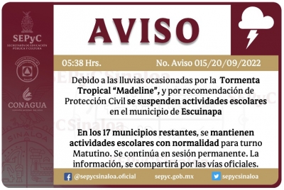 Por lluvias de "Madeline", se suspenden actividades escolares en el municipio de Escuinapa