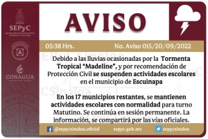 Por lluvias de "Madeline", se suspenden actividades escolares en el municipio de Escuinapa