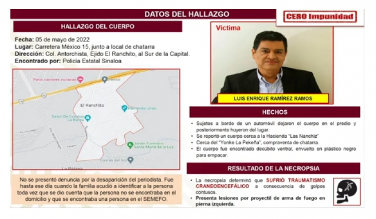 Identifican a los probables asesinos del periodista Luis Enrique Ramírez, en Culiacán