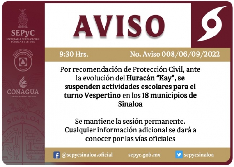 Martes 06 de septiembre: se suspenden clases tambi&eacute;n para turno vespertino en todo Sinaloa, por lluvias de &ldquo;Kay&rdquo;
