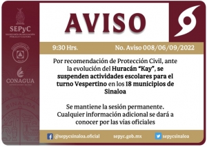 Martes 06 de septiembre: se suspenden clases también para turno vespertino en todo Sinaloa, por lluvias de “Kay”