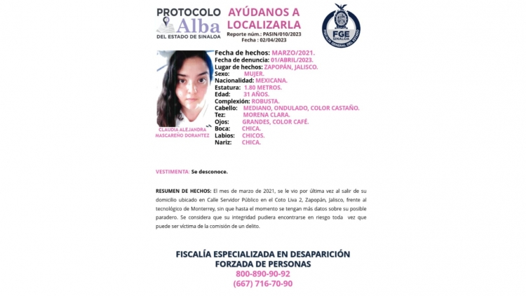 Protocolo Alba para la localizaci&oacute;n de Claudia Alejandra de 31 a&ntilde;os de edad que fue vista por &uacute;ltima vez en marzo de 2021