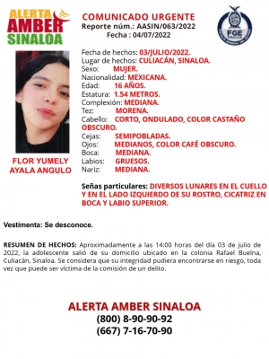 FGE activó el protocolo de Alerta Amber por la desaparición de Flor Yumely, de 16 años de edad