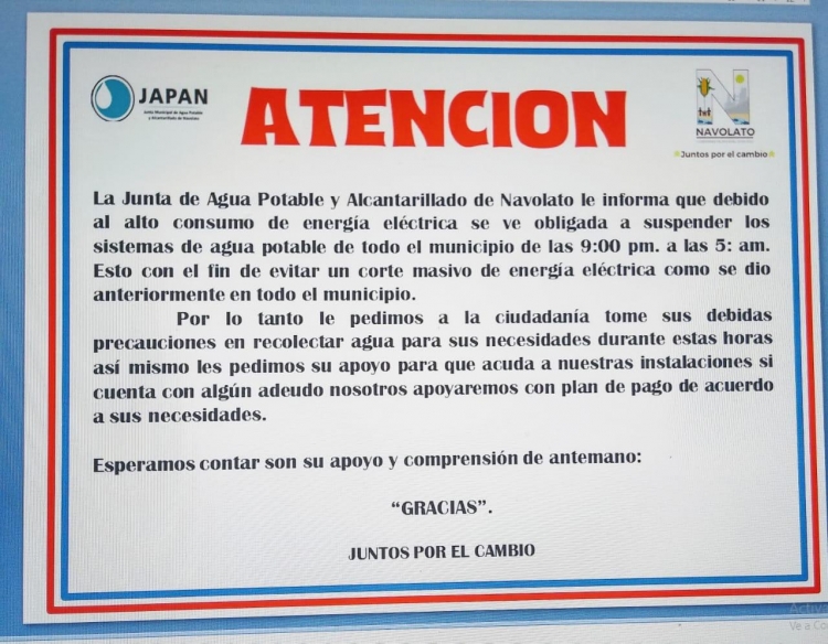 Inconformidad por suspensi&oacute;n de agua potable esta noche en Navolato
