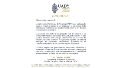 La UADY respalda a Madueña Molina, tras separación de su cargo como rector de la UAS, pide se cumpla con la Ley Orgánica