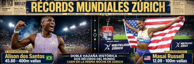 Alison dos Santos y Masai Russell hacen historia con dos r&eacute;cords mundiales en 40 minutos en la Liga Diamante
