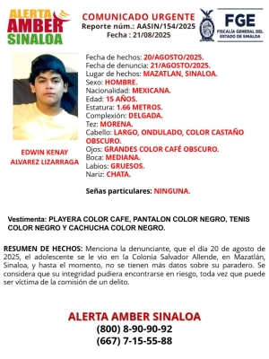 FGE solicita ayuda de la poblaci&oacute;n para encontrar a Edwin Kenay, desaparecido en Mazatl&aacute;n
