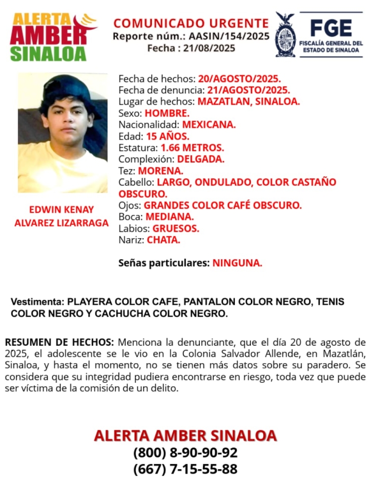 FGE solicita ayuda de la poblaci&oacute;n para encontrar a Edwin Kenay, desaparecido en Mazatl&aacute;n