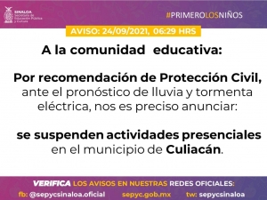 SEPYC suspende clases en Culiac&aacute;n por lluvia