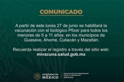 Vacunar&aacute;n con Pfizer a ni&ntilde;os de 5 y hasta los 11 a&ntilde;os a partir del lunes; llaman a poblaci&oacute;n a registrarse con tiempo