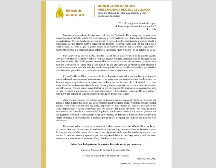La Di&oacute;cesis de Culiac&aacute;n se sum&oacute; a las instituciones de gobierno y de la sociedad que hacen frente a la violencia que afecta al pueblo sinaloense durante y luego del operativo para la detenci&oacute;n de Ovidio Guzm&aacute;n