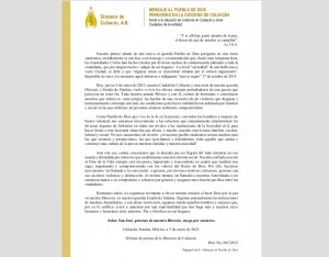 La Di&oacute;cesis de Culiac&aacute;n se sum&oacute; a las instituciones de gobierno y de la sociedad que hacen frente a la violencia que afecta al pueblo sinaloense durante y luego del operativo para la detenci&oacute;n de Ovidio Guzm&aacute;n