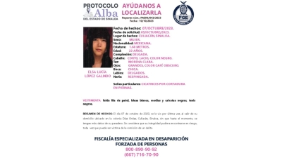 Activan Protocolo Alba para la localizaci&oacute;n de Elsa Luc&iacute;a de 22 a&ntilde;os de edad, que desapareci&oacute; en Culiac&aacute;n