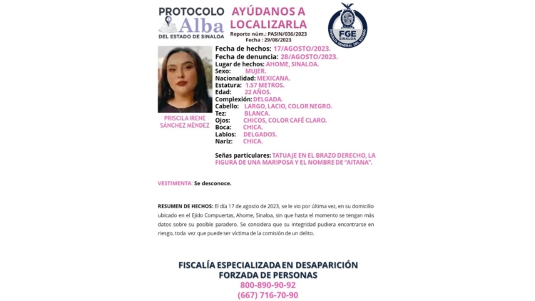 Activan Protocolo Alba para la localizaci&oacute;n de Priscila Irene de 22 a&ntilde;os de edad que fue vista por &uacute;ltima vez en el ejido Compuertas