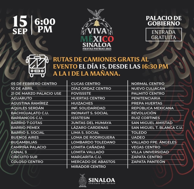 En Culiac&aacute;n: Garantizan traslado en la noche de 'El Grito' de Independencia con 156 camiones de 56 rutas