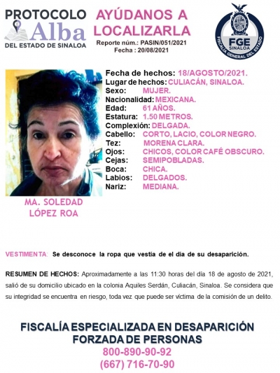 Activan Protocolo Alba por desaparici&oacute;n de una mujer de 61 a&ntilde;os en Culiac&aacute;n