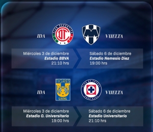 Toluca-Monterrey y Tigres-Cruz Azul se disputar&aacute;n las semifinales en mi&eacute;rcoles y s&aacute;bado