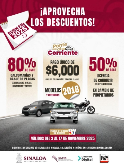 Llega &quot;El Buen Fin&quot; del Gobierno de Sinaloa; el Estado ofrecerá descuentos en trámites vehiculares