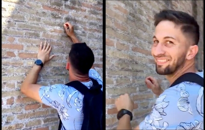 Turista enamorado raya el nombre de su novia y el suyo en pared milenaria del Coliseo en Roma