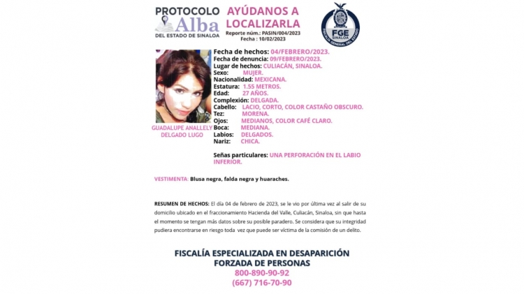 Se activ&oacute; el Protocolo Alba para la localizaci&oacute;n de Guadalupe Anallely de 27 a&ntilde;os de edad, la &uacute;ltima vez que la vieron fue al salir de su casa en Culiac&aacute;n