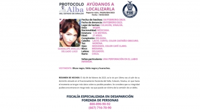 Se activ&oacute; el Protocolo Alba para la localizaci&oacute;n de Guadalupe Anallely de 27 a&ntilde;os de edad, la &uacute;ltima vez que la vieron fue al salir de su casa en Culiac&aacute;n