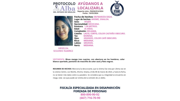 Activan Protocolo Alba para la localización de Griselda Segundo Ramírez, que desapareció en el centro de Ahome, en Sinaloa