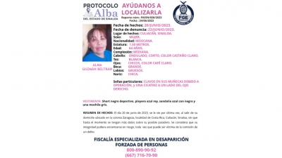 Se activ&oacute; el Protocolo Alma para la localizaci&oacute;n Alma Guzm&aacute;n Beltr&aacute;n de 64 a&ntilde;os de edad desaparecida en Culiac&aacute;n