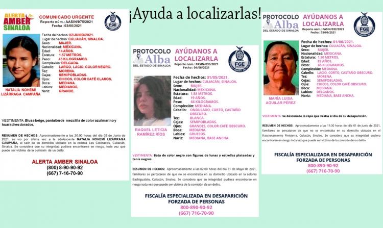 Aparece Yareli en Escuinapa, desaparecen Natalia, María Luisa y Raquel en Culiacán