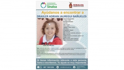 Alerta para la localizaci&oacute;n de Draxler Adri&aacute;n Juaregui Ba&ntilde;uelos de 4 a&ntilde;os de edad que desapareci&oacute; en Mazatl&aacute;n