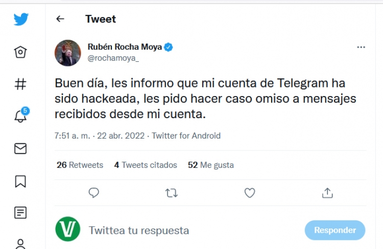 Le hackean cuenta de Telegram al gobernador RRM