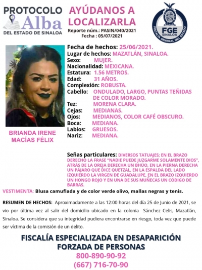 Protocolo Alba publicó Alerta por desaparición de mujer en Mazatlán