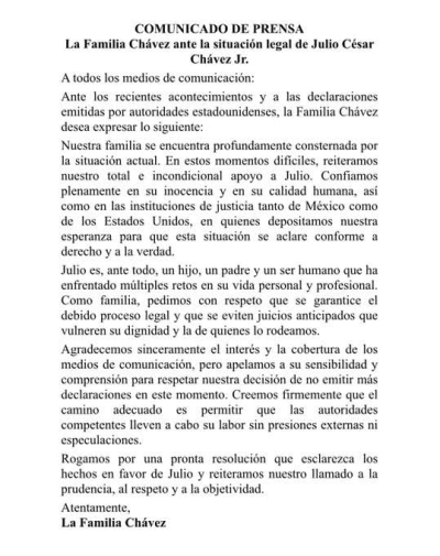 La familia Chávez rompe el silencio en un comunicado y confía en la justicia