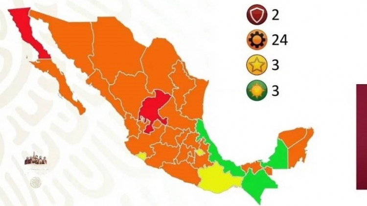 En el Semáforo Epidemiológico hay dos estados en rojo, 24 en naranja, 3 en amarillo y 3 en verde; Sinaloa pasa a naranja