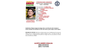 Activan Alerta Amber para localizar a Luis Alberto Acosta López que fue visto por última vez en la colonia Humaya de Culiacán