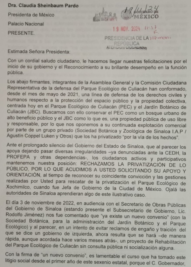 Instruye Gobernaci&oacute;n al Gobierno de Sinaloa, atender a los defensores del Parque Ecol&oacute;gico y Jard&iacute;n Bot&aacute;nico