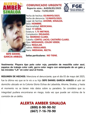 Sefe Daniel García Arbizu, menor de edad, desaparece en la Villa de Ahome