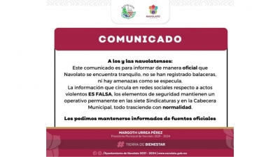 Falsa informaci&oacute;n en redes sociales sobre violencia en Navolato: Ayuntamiento