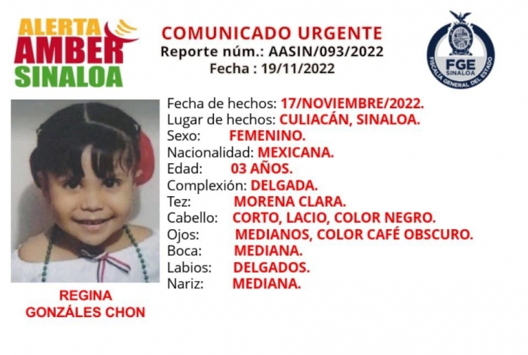 Alerta Amber para la localizaci&oacute;n de Regina Gonz&aacute;lez Chon de 3 a&ntilde;os de edad