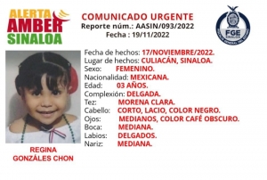 Alerta Amber para la localizaci&oacute;n de Regina Gonz&aacute;lez Chon de 3 a&ntilde;os de edad