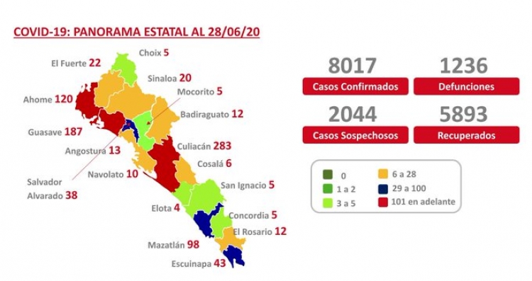 Sinaloa suma 1,236 defunciones por COVID-19; hay 8,017 casos confirmados