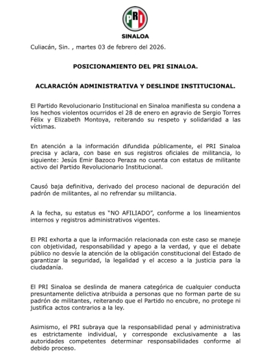 Atacante de los diputados de MC no es miembro activo del PRI Sinaloa, reitera el partido