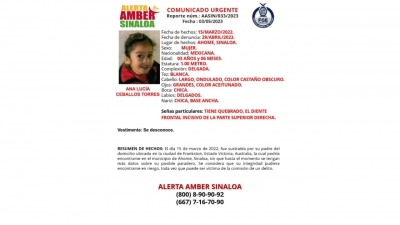 Alerta Amber para la localizaci&oacute;n de Ana Luc&iacute;a de tres a&ntilde;os de edad